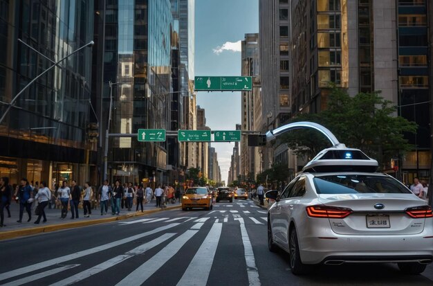 Foto auto autonoma in una strada della città al tramonto