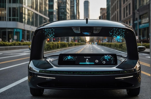 Photo autonomous car on a city street at sunset