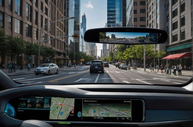 Autonomous Car on a City Street at Sunset