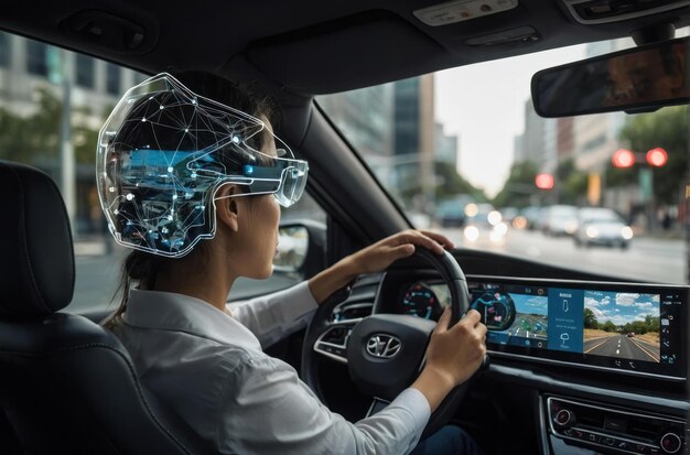 Foto autonomous car on a city street at sunset