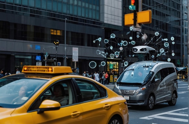 Foto autonomous car on a city street at sunset