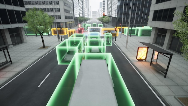 Фото Автономное вождение автомобиля на городской улице концепция технологии умного автомобиля 3d рендеринг
