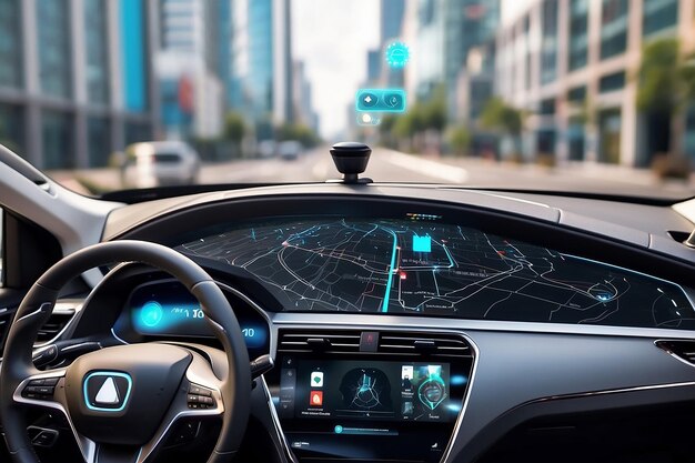 Foto auto autonoma con grafica hud del sistema di navigazione che guida per strada in città con modalità di guida autonoma auto senza conducente e tecnologia ai con concetto di trasporto