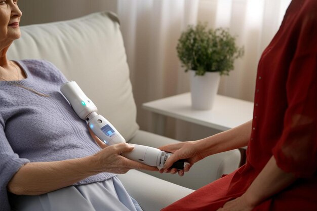 autonomous caregiver robot is holding a insulin syringe giving it to an senior adult woman in her