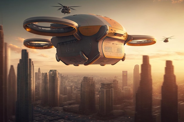 Автономный грузовой дрон пролетает над оживленным городом с небоскребами и мостами на заднем плане