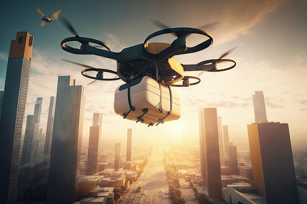 Autonomous cargo drone flies through futuristic cityscape delivering packages to customers