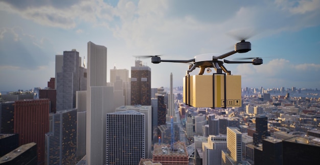 Autonomous cargo drone flying on big city 3d render