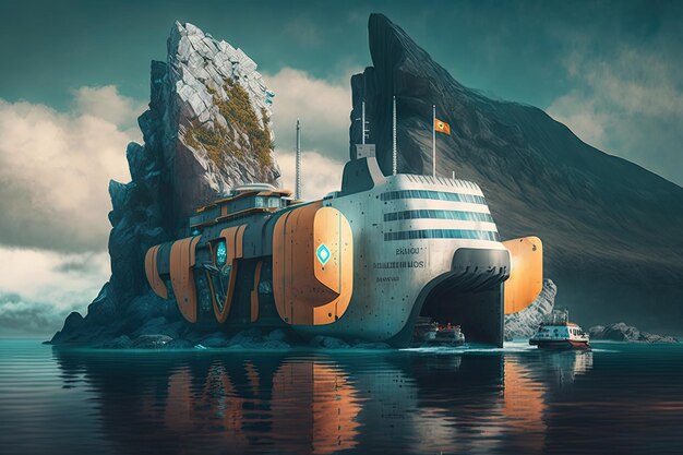 Autonomous cargo ship delivering supplies to remote island community in a futuristic setting