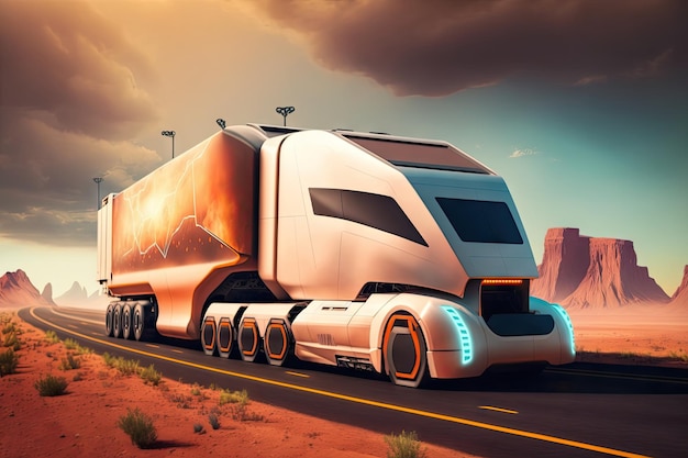 Autonomous cargo truck transporting goods on futuristic highway