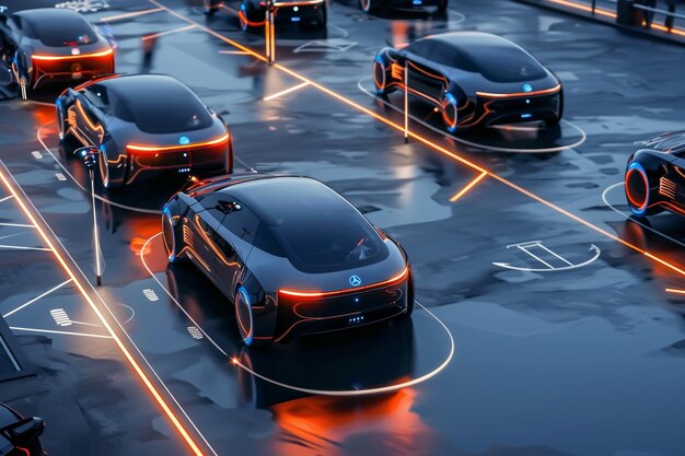 Autonomous cars parked in a smart parking lot ar generative ai