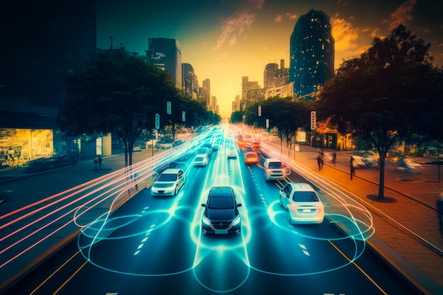 Autonomous cars on the road in city at night Generative AI