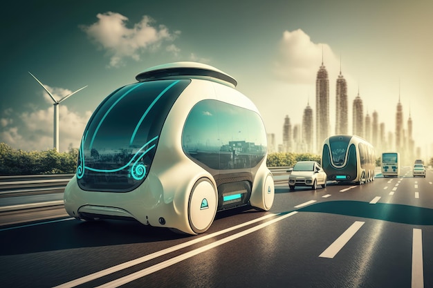 Autonomous city transport driving down busy road with other vehicles in the background