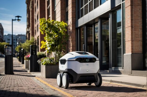 Photo autonomous delivery robots on city sidewalk