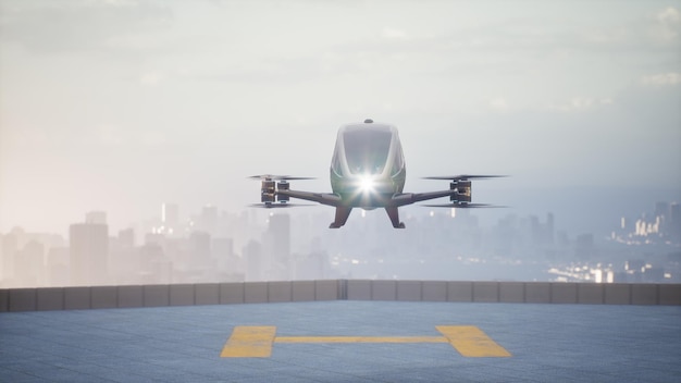 Autonomous driverless aerial vehicle fly across city 3d render