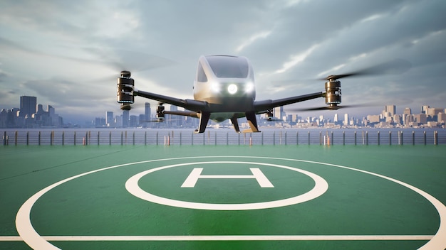 Autonomous driverless aerial vehicle fly across city 3d render