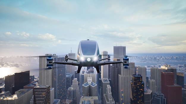 Autonomous driverless aerial vehicle fly across city 3d render