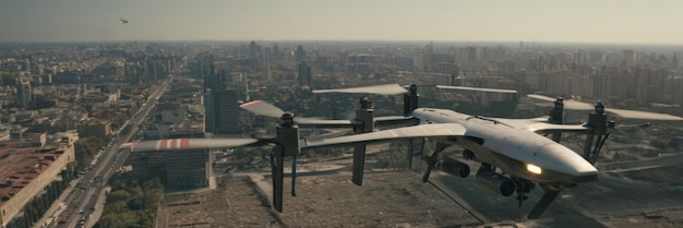 Autonomous driverless aerial vehicle flying on city background Future transportation with 5G technology concept