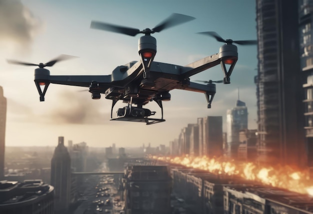 自動運転無人航空機 - 都市の背景で飛ぶ - 未来の輸送 - 5G技術コンセプト