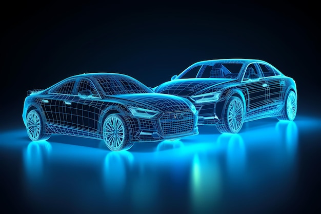 Autonomous electric car wireframe rendering of the car body on right side Digital Twin concept 3D image Generative ai