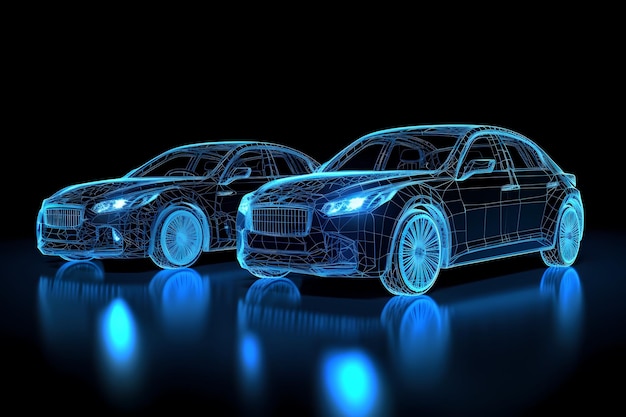 Autonomous electric car wireframe rendering of the car body on right side Digital Twin concept 3D image Generative ai