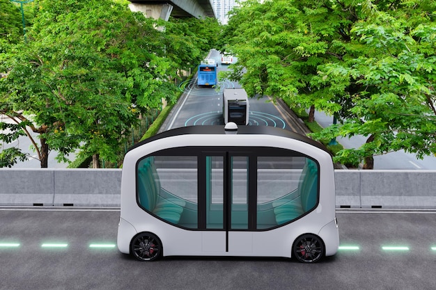 Autonomous electric shuttle bus self driving across city green road Smart vehicle concept