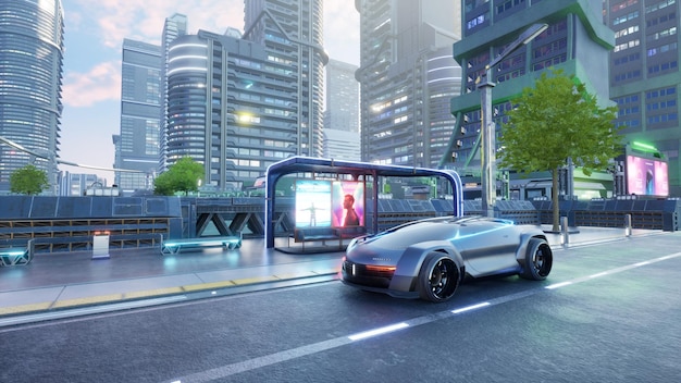 Autonomous electric sport car in smart city metaverse or cyberpunk conpept 3d render