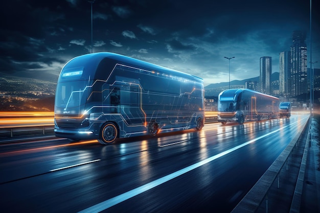 Autonomous electric van truck cars driving renewable power Cargo delivery transportation of the future AI Generative