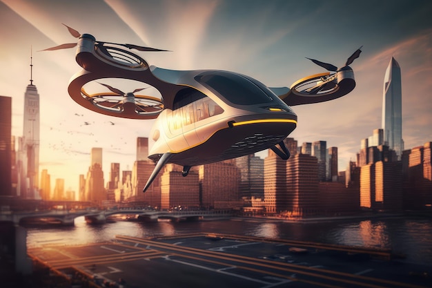 Autonomous flying taxi transporting people over the city skyline