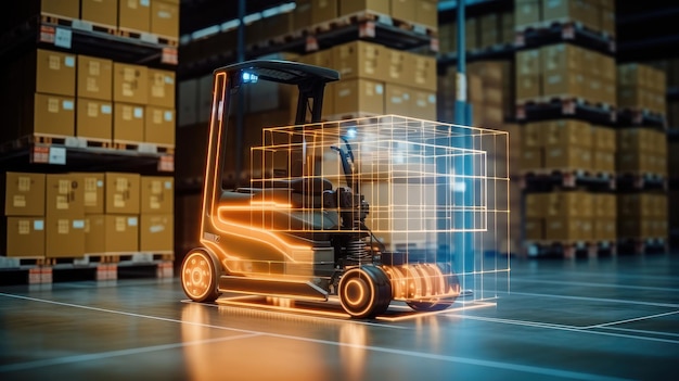 Autonomous Forklift Drives in Warehouse with Sensors Scan Cardboard Boxes Automated Retail Warehouse