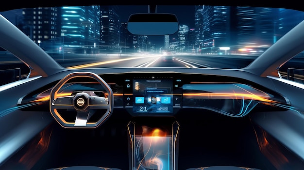 концепция автономной футуристической приборной панели автомобиля с HUD и голограммными экранами