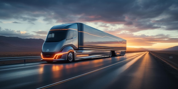 Автономный современный грузовик на шоссе