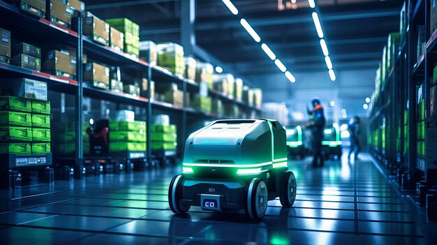 Photo autonomous robot scanning and restocking shelves in a vast warehouse