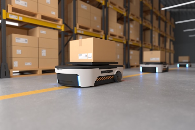 Autonomous Robot transportation in warehouses, Warehouse automation concept. 3D illustration