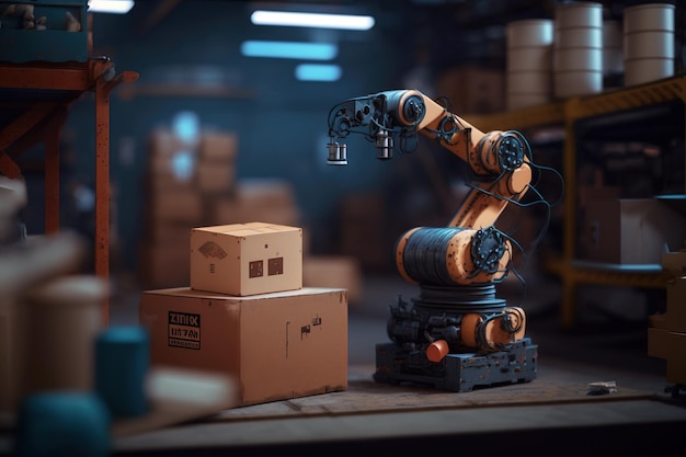 Autonomous robotic arm handles delicate cardboard boxes Ai generated