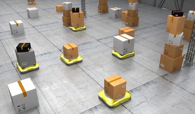 Autonomous robots moving packages in warehouse 3D illustration