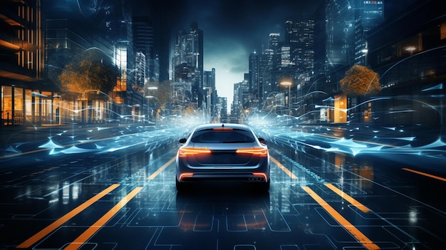 Автономный самоуправляемый электромобиль меняет полосу движения и обгоняет городской автомобиль