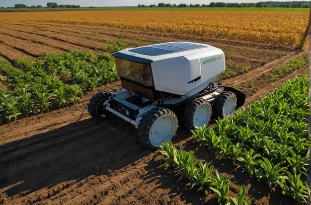 Photo autonomous solarpowered farm robot in field