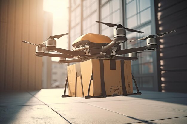 Autonomous vehicle delivering package with drone providing aerial view created with generative ai