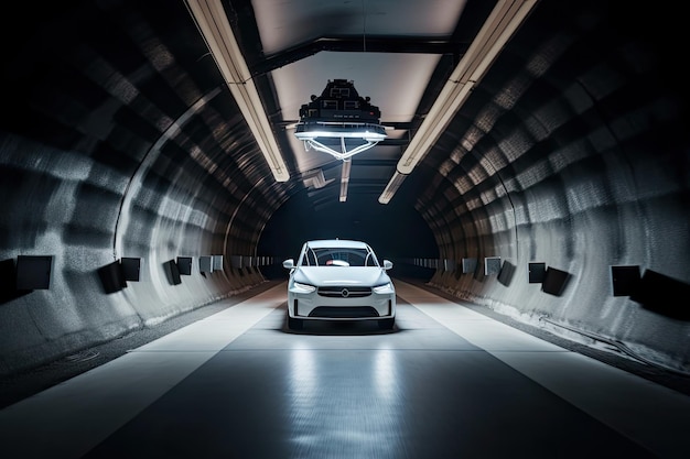 Автономный автомобиль проезжает через туннель с летающим над ним дроном, созданным с помощью генеративного ИИ