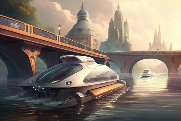 Autonomous vehicle ferrying people across the river in the autonomous city