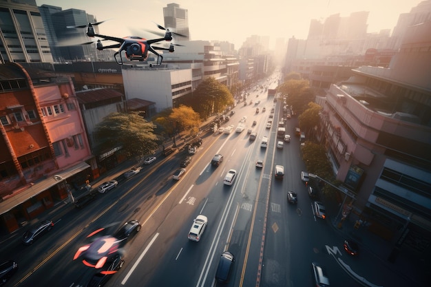 Autonomous vehicle speeding past drone shot of bustling city created with generative ai