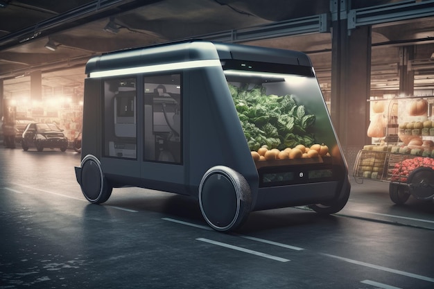 Photo autonomous vehicle transporting a shipment of fresh produce to market created with generative ai