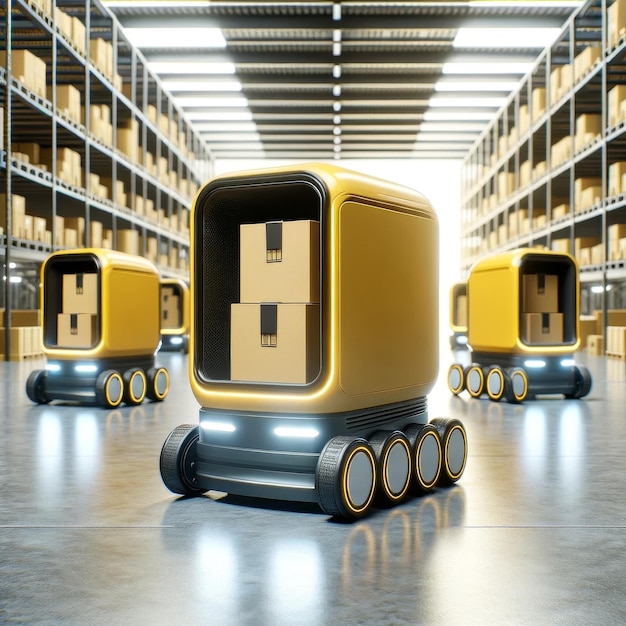 写真 未来的な倉庫の設定でパッケージを運ぶ自律的な黄色いロボット スマートロジスティクスaiコンセプト
