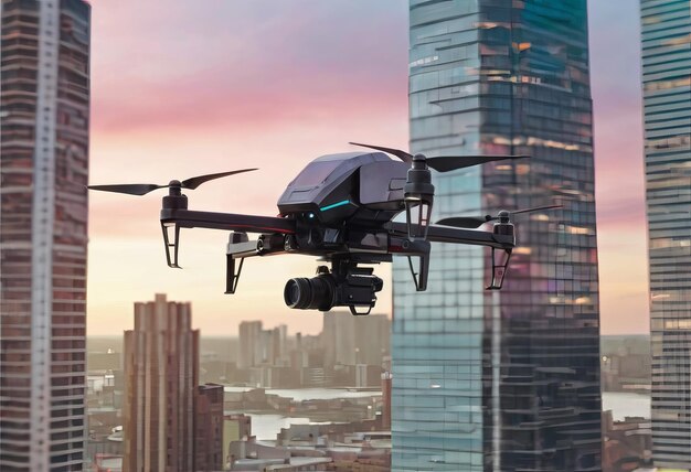Foto autonoom bestuurderloos luchtvoertuig dat op de achtergrond van de stad vliegt toekomstig vervoer met 5g-technologieconcept