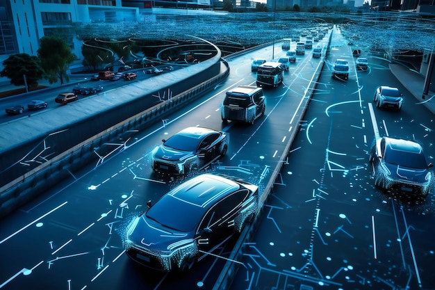 Foto autonoom zelfrijdende auto glijdt naadloos door de drukke stadssnelweg met behulp van geavanceerde softwaresensoren om de wegomstandigheden te scannen en te voorspellen