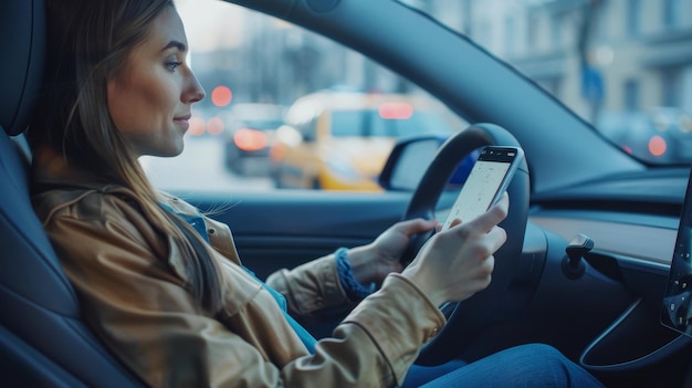오토파일에서 한 여성이 스마트폰을 사용하여 자율 운전 기술을 사용합니다. 그것은 자율주행 자동차입니다.