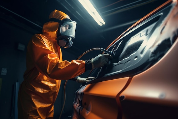 Autoschilder in beschermende kleding en masker schilderen van een automonteur met behulp van een verfspuitpistool in een verfkamer Carrosserielak autoservice bodypaint garage Door AI gegenereerde afbeelding