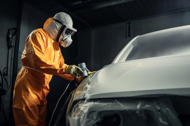 Autoschilder in beschermende kleding en masker schilderen van een automonteur met behulp van een verfspuitpistool in een verfkamer Carrosserielak autoservice bodypaint garage Door AI gegenereerde afbeelding