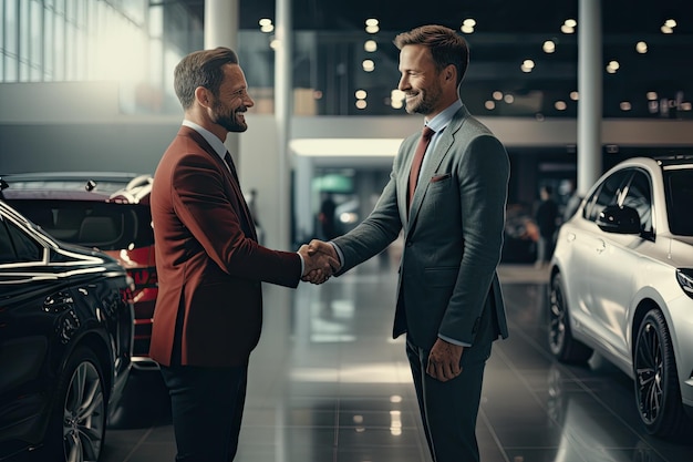 Autoverkoper sluit deal en verkoopt een nieuwe auto aan een andere man. Handschudden van de nieuwe deal