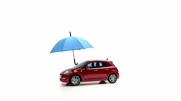 Autoverzekering en veiligheidsconcept moderne rode auto onder blauwe paraplu
